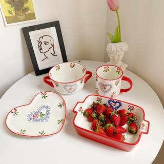 Set đĩa, bát , ly Hoa hồng viền đỏ