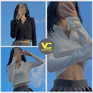Áo Polo cổ xẻ Tay Thun VIETCEN Áo Croptop Tay Dài Bo Tăm Ulzzang