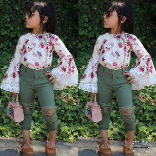 Set đầm hoa + quần jean dễ thương cho bé gái