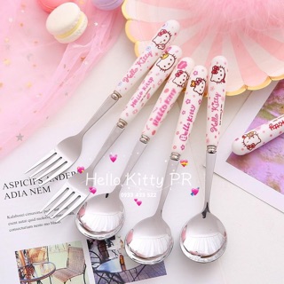 Muỗng nĩa inox cán sứ Hello Kitty