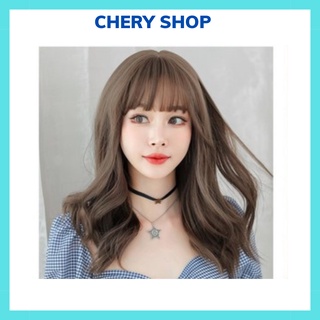 Tóc giả nữ nguyên đầu xoăn dợn kiểu hàn màu nâu lạnh hot , tặng kèm lưới trùm tóc wig , T60F
