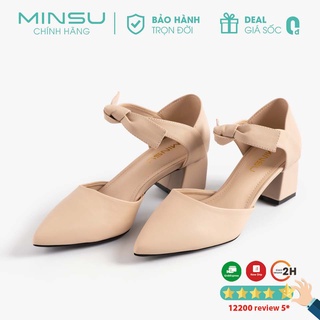 Giày Cao Gót Nữ Mũi Nhọn Đế Vuông 5cm MINSU M9013 Kiểu Dáng Thắt Nơ Nữ Tính Style Hàn Quốc Gót Cao 5p Thời Trang