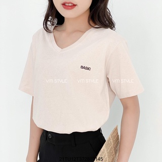 Áo thun tay ngắn VM STYLE cổ tim thêu chữ Basic thời trang nữ ulzzang Hàn Quốc 21TU12T372807