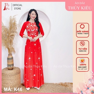 Áo dài truyền thống thiết kế may sẵn tết cách tân nữ nền đỏ hoa nhí K46 Thúy Kiều mềm mại co giãn áo dài giá rẻ