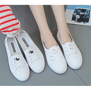 Lẻ 37,40 Giày lười nữ da PU buộc dây màu trắng sao hồng, slip on nữ