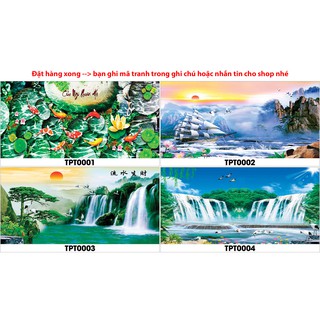Tranh hồ cá TPT tranh phong thủy cò hạc thác nước có keo sẵn