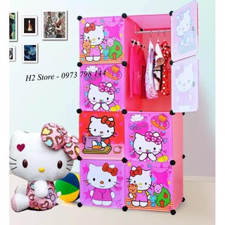 TỦ NHỰA THÔNG MINH ĐỂ QUẦN ÁO CHO BÉ 8 Ô CỬA KITTY LỚN VÁCH HỒNG LẮP GHÉP ĐA NĂNG sâu 47cm
