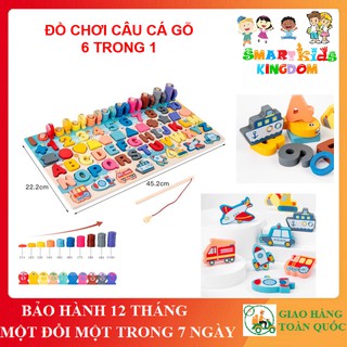 Đồ Chơi Câu Cá Gỗ 6 Trong 1 Thông Minh Cho Bé - Ghép Chữ, Ghép Số, Ghép Hình, Xếp Khối