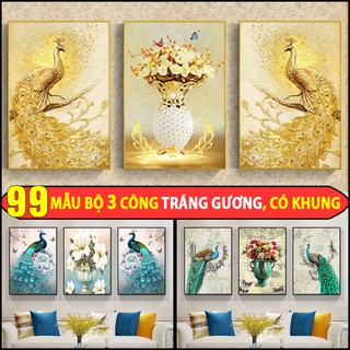 HD5 Bộ 3 Bức Tranh Treo Tường Phòng Khách Hình Chim Công Tráng Gương Cao Cấp Tặng Đinh Gắn Tường
