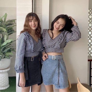 ÁO CROP CARO CỔ V VIỀN BÈO