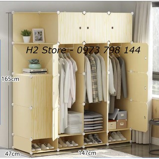 TỦ NHỰA LẮP GHÉP 16 Ô + 4 GIÀY (GỒM 2 KỆ GÓC) BỘ GỖ VÀNG ĐỂ ĐỒ ĐA NĂNG THÔNG MINH sâu 47cm