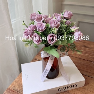 Cum 8 Bông Hồng Nhí Kèm Điểm Giả 25cm Merber (Mơ Bơ) - Cành HOa Khô Decor Trang Trí Nhà, Phòng Khách