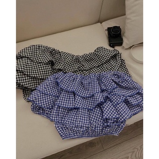 Áo trễ vai tầng dáng croptop kẻ caro dáng xếp bèo Hami 429