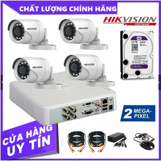 Trọn Bộ 4 mắt Camera giám sát 2.0MP Chính hãng HIKVISION - Kèm ổ cứng + đầy đủ phụ kiện lắp đặt