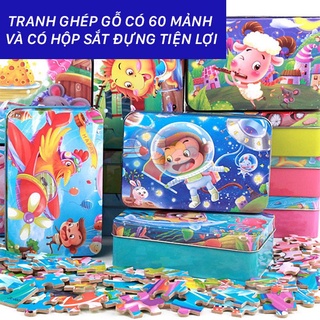 Bộ đồ chơi ghép hình cho bé – Đồ chơi xếp hình gỗ cho bé 60 mảnh hộp sắt giúp phát triển tư duy (tranh ghép gỗ cho bé)