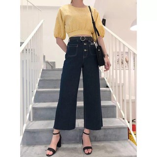 Quần jeans 9 tấc nữ ống rộng túi trước thời trang