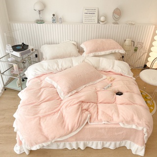 bộ chăn ga gối nỉ nhung tuyết sữa lông ngắn lonaabedding màu hồng pastel ( full size)