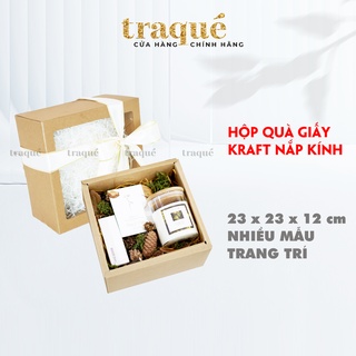 [Hộp nắp kính - 6 mẫu hoa trang trí] Hộp quà tặng giấy Kraft thân thiện môi trường - kèm giấy lót và dây thừng trang trí