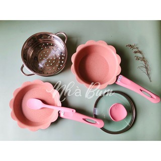 Bộ Nồi Chảo Đá Hình Hoa Kèm Xửng Hấp 16cm