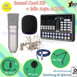 Bộ mic livestream Aqta AQ100 và Sound Card H9 có bluetooth Auto-tune Đi Kèm Dây MA2 Chân Kẹp Màng Lọc