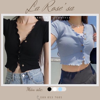 Áo Croptop Tay Ngắn Cuốn Biên Cài Nút Ngực
