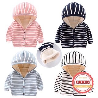Áo khoác nỉ kẻ liền mũ lót nhung ấm Hàng Quảng Châu cao cấp cho bé trai bé gái mặc thu đông