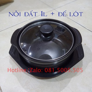 Nồi đất kho tộ, nấu mỳ cay 1 lít nồi đất 8 inch có đế đỡ bằng nhựa chịu nhiệt