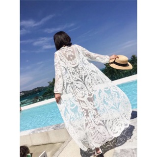 Áo cardigan , áo choàng ren đi biển dáng dài dập hoa