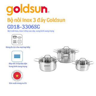 Bộ 3 nồi inox vung kính 3 đáy Goldsun GD18-3306SG