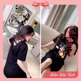 Váy Suông Dáng Dài Đầm Họa Tiết Hình MICKEY Đang Dây Lưng
