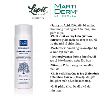 [ Hàng Công Ty ] Nước Cân Bằng Làm Sạch Chứa BHA &amp; Prebiotics - Toner MartiDerm Essentials Balancing 200ml