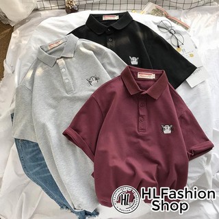 Áo polo thun cổ trụ thêu mèo đáng yêu, áo thun size có cổ HLFashion