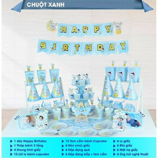 [Xanh Trai - Hồng Gái] Set trang trí bàn tiệc sinh nhật cho bé trai, bé gái tuổi chuột siêu đẹp, dễ thương