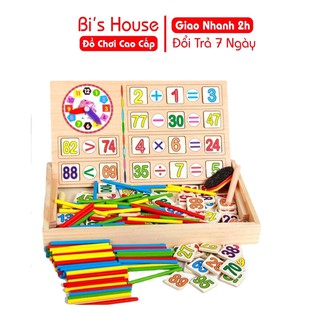 Bộ que tính 100 số đa năng- bảng 2 mặt viết phấn và bút lông, que tính bằng gỗ - đồ chơi Bi House