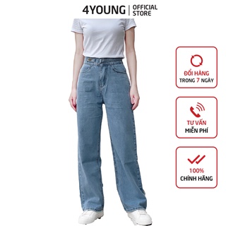 Quần jeans nữ dài ống rộng có túi phối khuyên tròn trẻ trung 4YOUNG QJ5