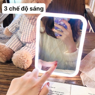 Gương để bàn, Gương trang điểm đèn led cảm ứng có 3 chế độ sáng hình chữ nhật có xạc tích điện đến 5 giờ