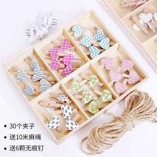 Hộp 30 kẹp gỗ trái tim + 6 đinh + 10m dây treo