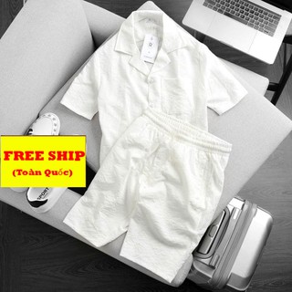 Bộ Quần Áo Đũi Nam Màu Trắng Cổ bẻ chất vải đũi thái loại dày 1 màu