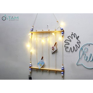 Set khung gỗ treo ảnh 6 dây thừng bi tròn + 12 kẹp gỗ + 01 đinh tường W-KhTA-02