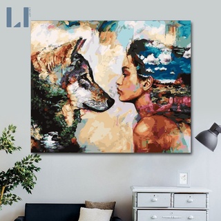 Tranh sơn dầu số hóa có khung LIM Art - Tranh tô màu theo số cô gái và sói T157