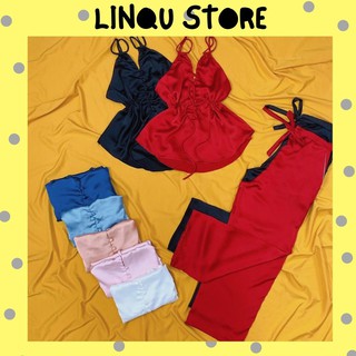 Đồ Ngủ Nữ Sexy Hai Dây Hở Lưng Quần Dài Chất Satin Mềm Mịn Freesize - Linqu Sleepwear