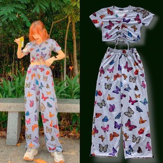 Set áo croptop rút dây + quần dài jogger Dáng rộng dây rút in hình bướm + váy hình bươm bướm Butterfly Skirt Pant