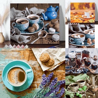 Tranh số hoá tự tô đã căng khung trà chiều, ly cà phê, tách coffee tranh tô màu theo số Moly House