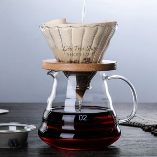 Bộ bình và phễu v60 pha cà phê giấy lọc Pour over  drip brew giá gỗ tròn V60