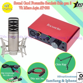 Mic Thu Âm Livestream Aqta AT808 và Sound Card Focusrite Scarlett Solo Gen 3 Chân Kẹp Dây Livestream Dây 3m 2 jack6.5