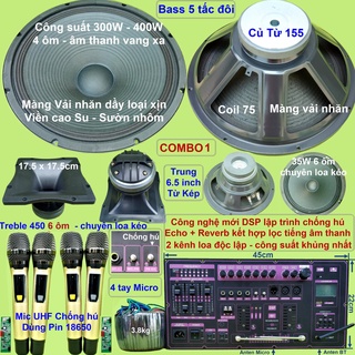 Mạch loa kéo 5 tấc đôi 400W+400W DSP Reverb Echo có chống hú Equalizer 5 Band 2 kênh riêng biệt loa treble 450 mic 18650