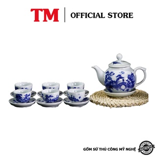 Bộ Ấm Trà Hoa Nhài Men Lam Vẽ Trúc Lâm Thất Hiền, Bộ Ấm Chén Cao Cấp, Bộ Ấm Trà Xưởng Gốm TM Bát Tràng