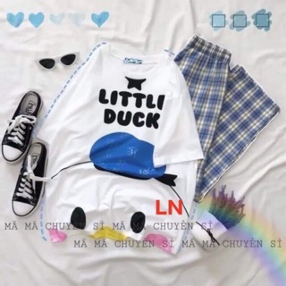 Set bộ áo thun in vịt duck + quần kẻ caro ống suông rộng