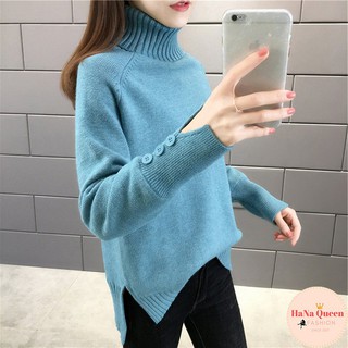 [Xả Kho] Áo len nữ cao cổ xẻ vạt ống tay đính cúc cách điệu