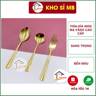 Bộ thìa, muỗng, nĩa, dĩa inox mạ vàng cao cấp ăn cơm cán dài kho sỉ mb